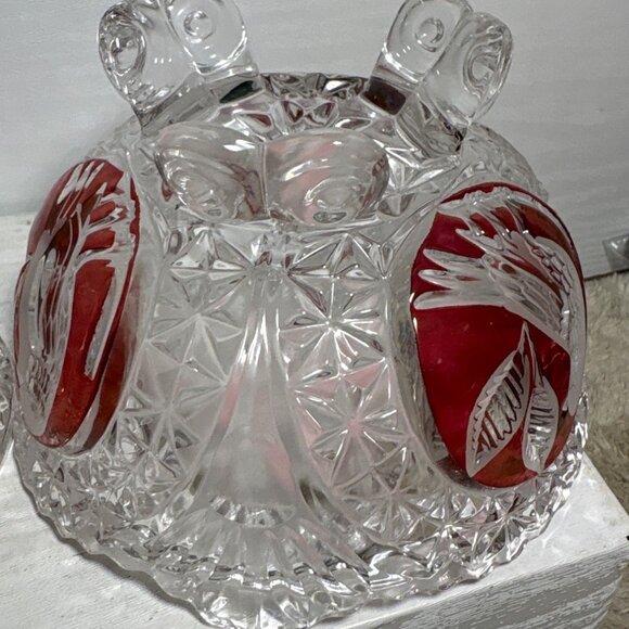 Hofbauer Byrdes Crystal Candy Dish With Lid Red Etched Bird Design 7" Tall - Picture 8 of 13